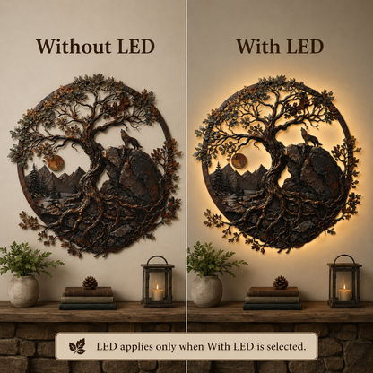 LED Option Guide - Ancient Oak Tree Metal Wall Art Wolf Mountain Wilderness Decor