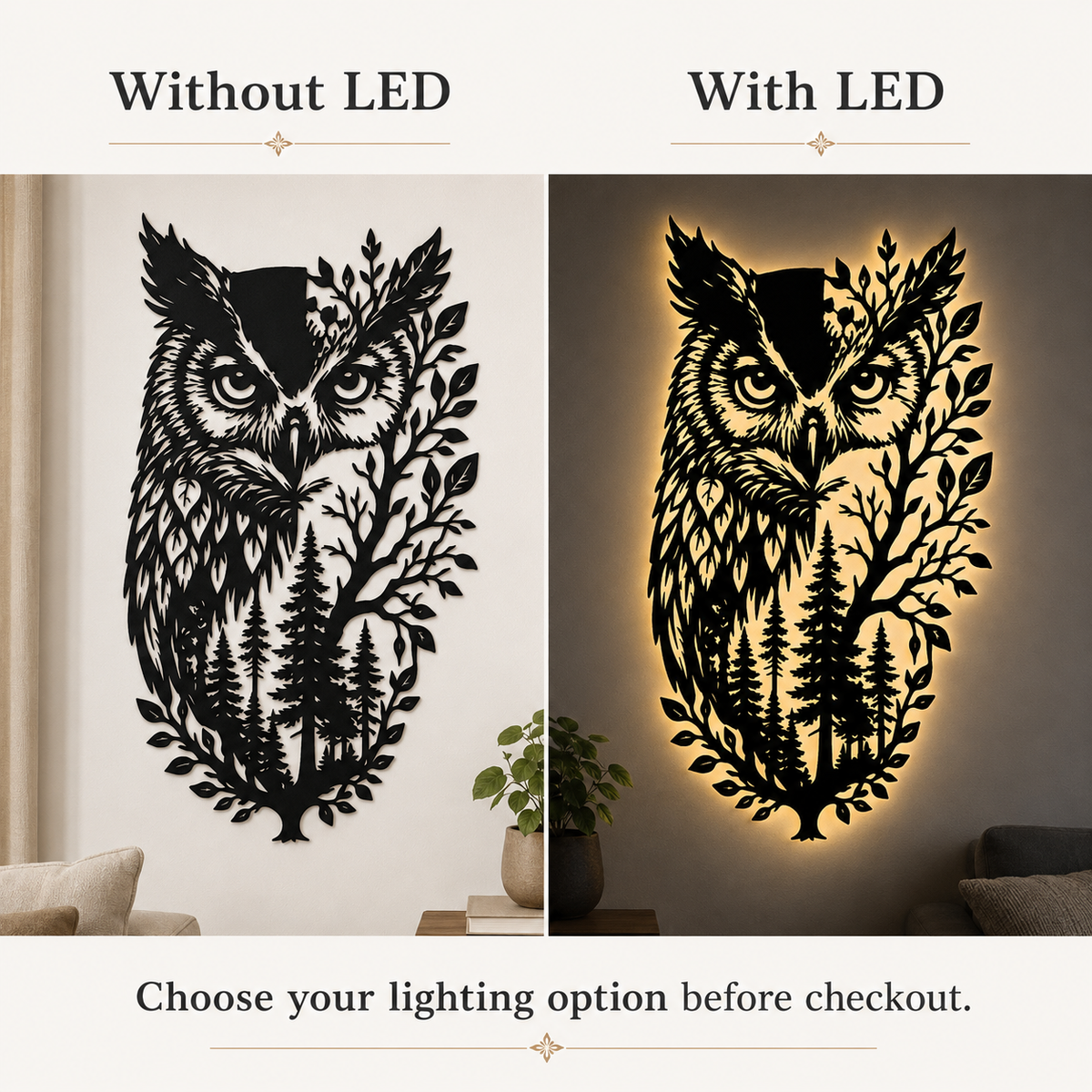 LED Option Guide - Owl Metal Wall Art Wildlife Wall Decor Woodland Cabin Decor
