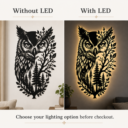 LED Option Guide - Owl Metal Wall Art Wildlife Wall Decor Woodland Cabin Decor