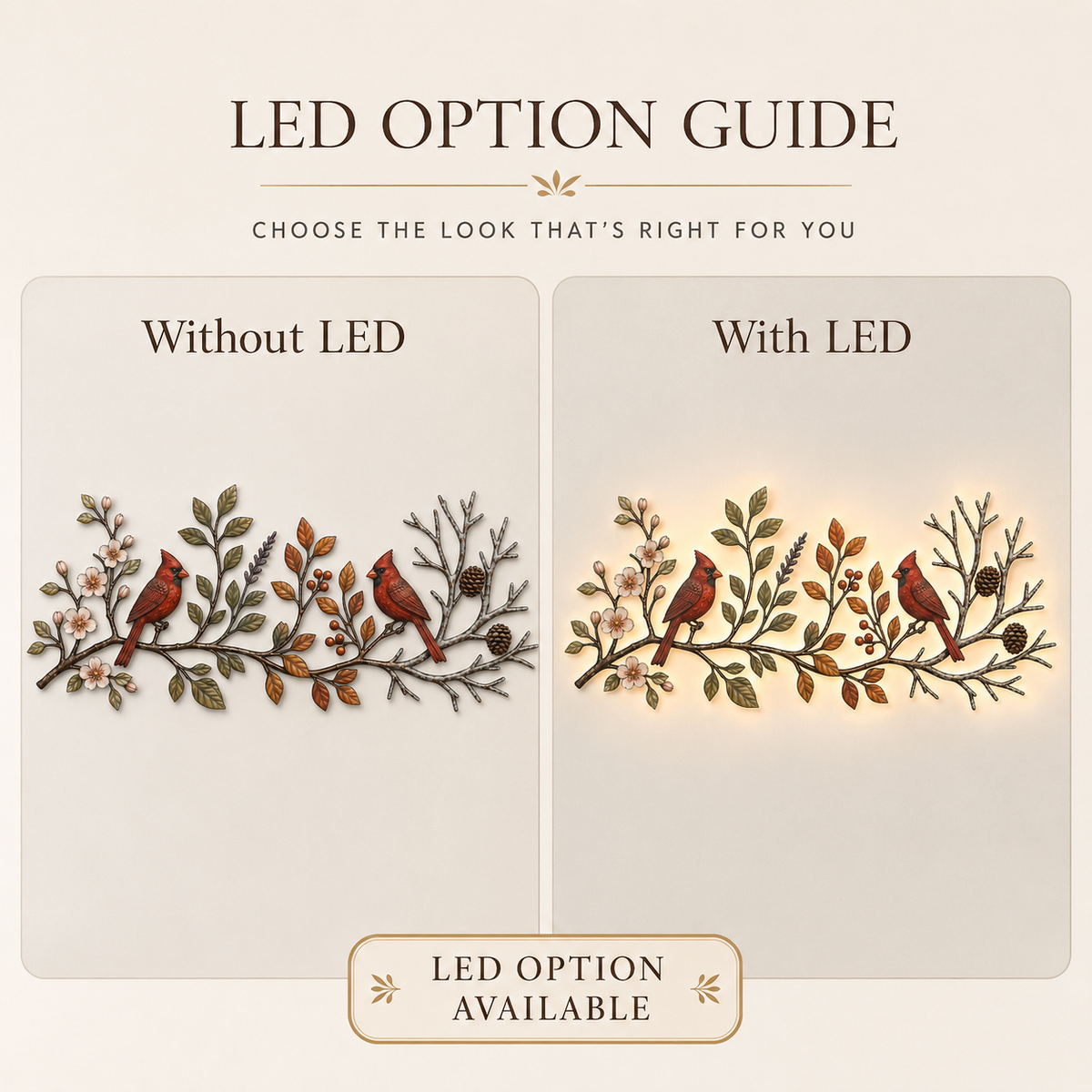 LED Option Guide - Cardinal Bird Metal Wall Art Four Seasons Wall Decor Flat