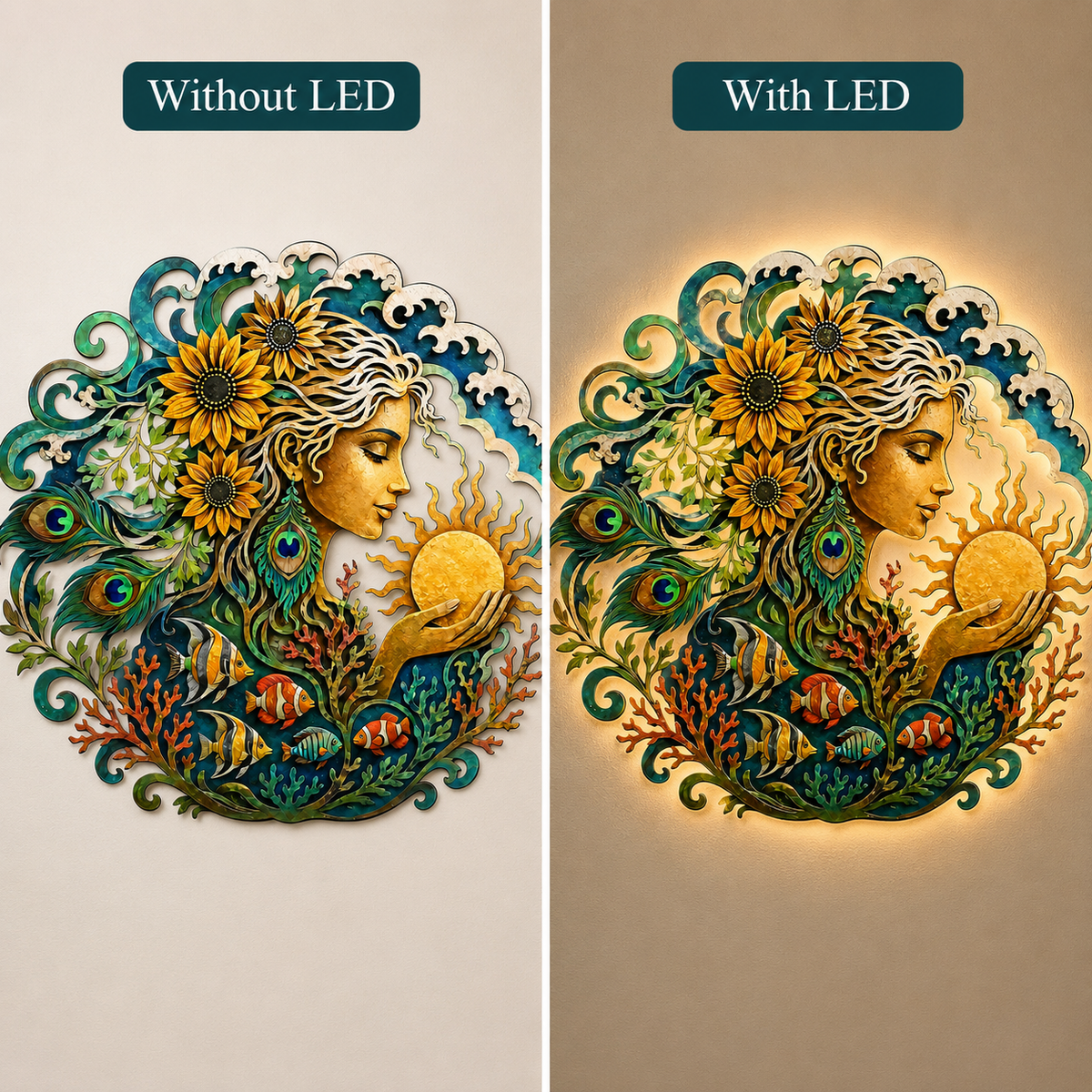 LED  UV Print Side Option - Mother Ocean Metal Wall Art Ocean Goddess Wall Decor Coastal