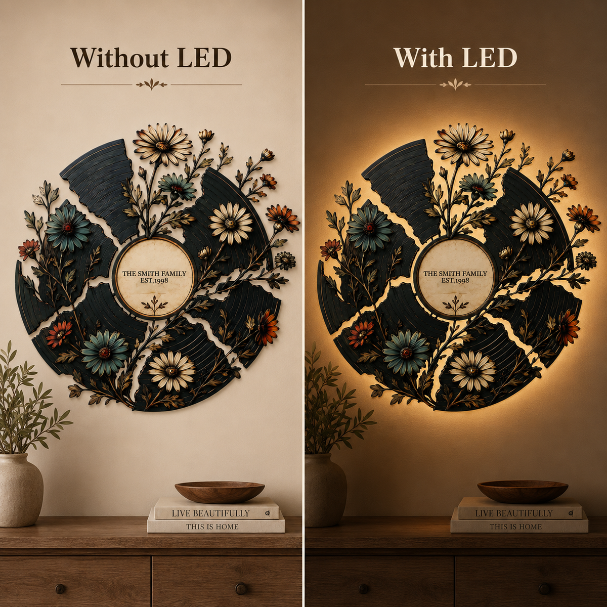 LED  UV Print Side Option - Personalized Floral Record Metal Wall Art Custom Vinyl Record Decor