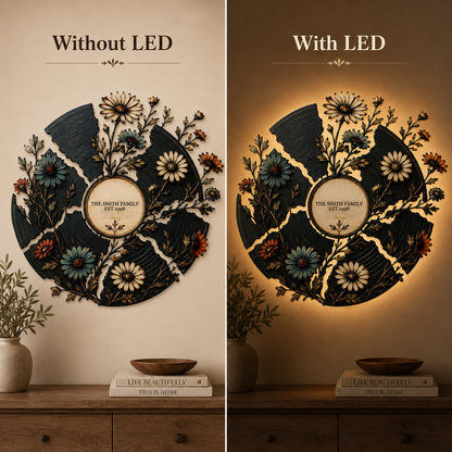 LED  UV Print Side Option - Personalized Floral Record Metal Wall Art Custom Vinyl Record Decor