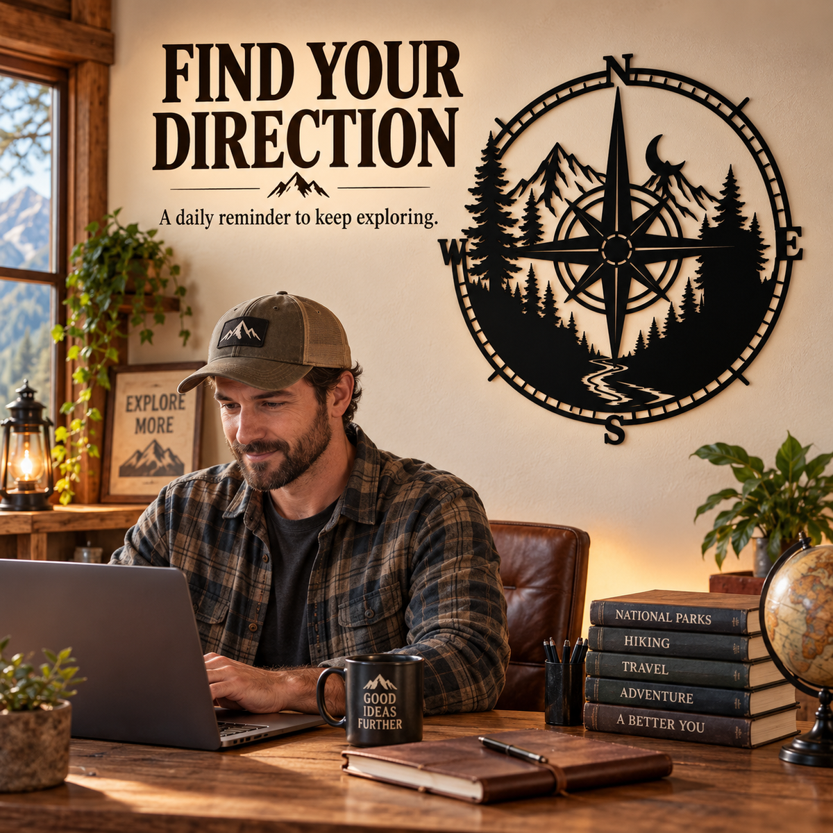 Metal Compass Wall Art Mountain Wall Art Adventure Decor Cabin Wall Art Travel Gift Nature Lover Gift With LED — Viewing Scene