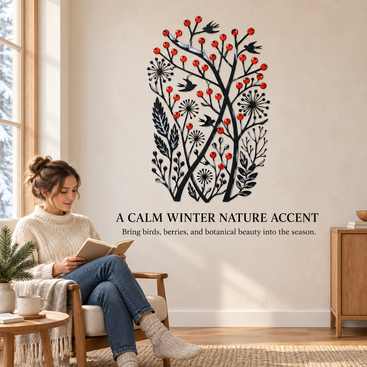 Christmas Wall Art Winter Bird Metal Wall Decor Botanical Nature Art Woodland Christmas Decor Flat Printed Metal Art With LED — Viewing Scene