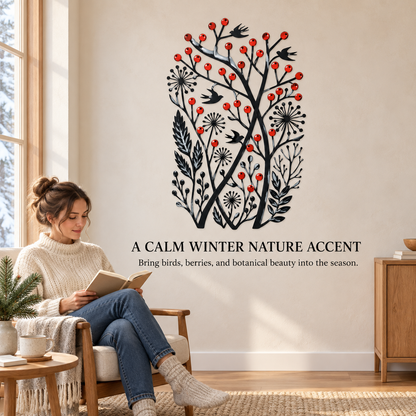 Christmas Wall Art Winter Bird Metal Wall Decor Botanical Nature Art Woodland Christmas Decor Flat Printed Metal Art With LED — Viewing Scene