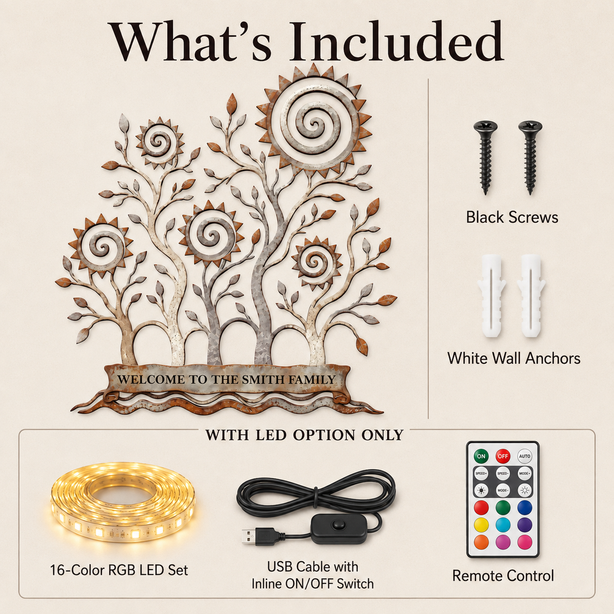 What’s Included - Custom Family Tree Metal Wall Art Decor Personalized Family Name