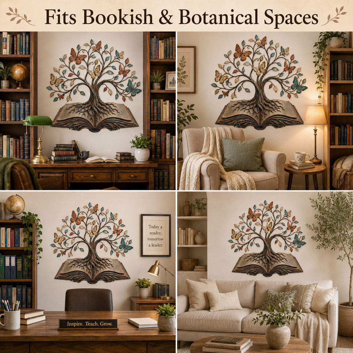 Background Fit 2x2 - Tree of Knowledge Metal Wall Art Open Book Butterfly Tree