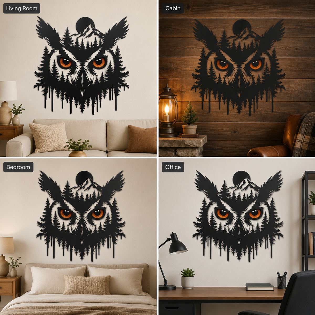 Background Fit 2x2 - Owl Metal Wall Art Glowing Owl Eyes Wildlife Art Woodland