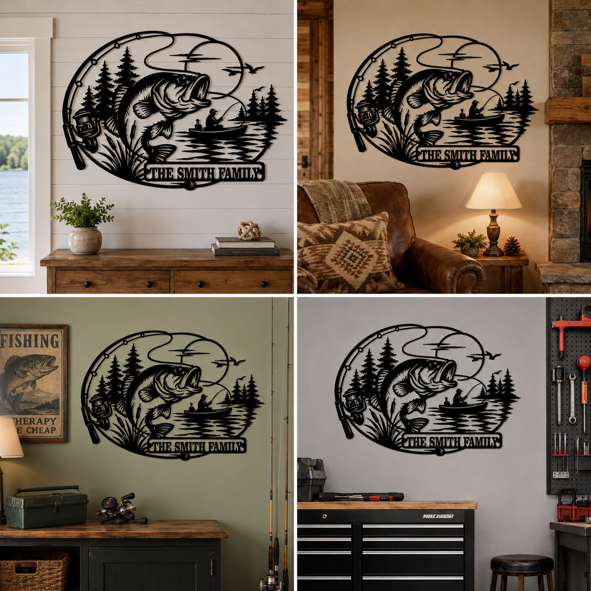 Background Fit 2x2 - Personalized Fishing Metal Sign Custom Family Name Bass Fishing Wall
