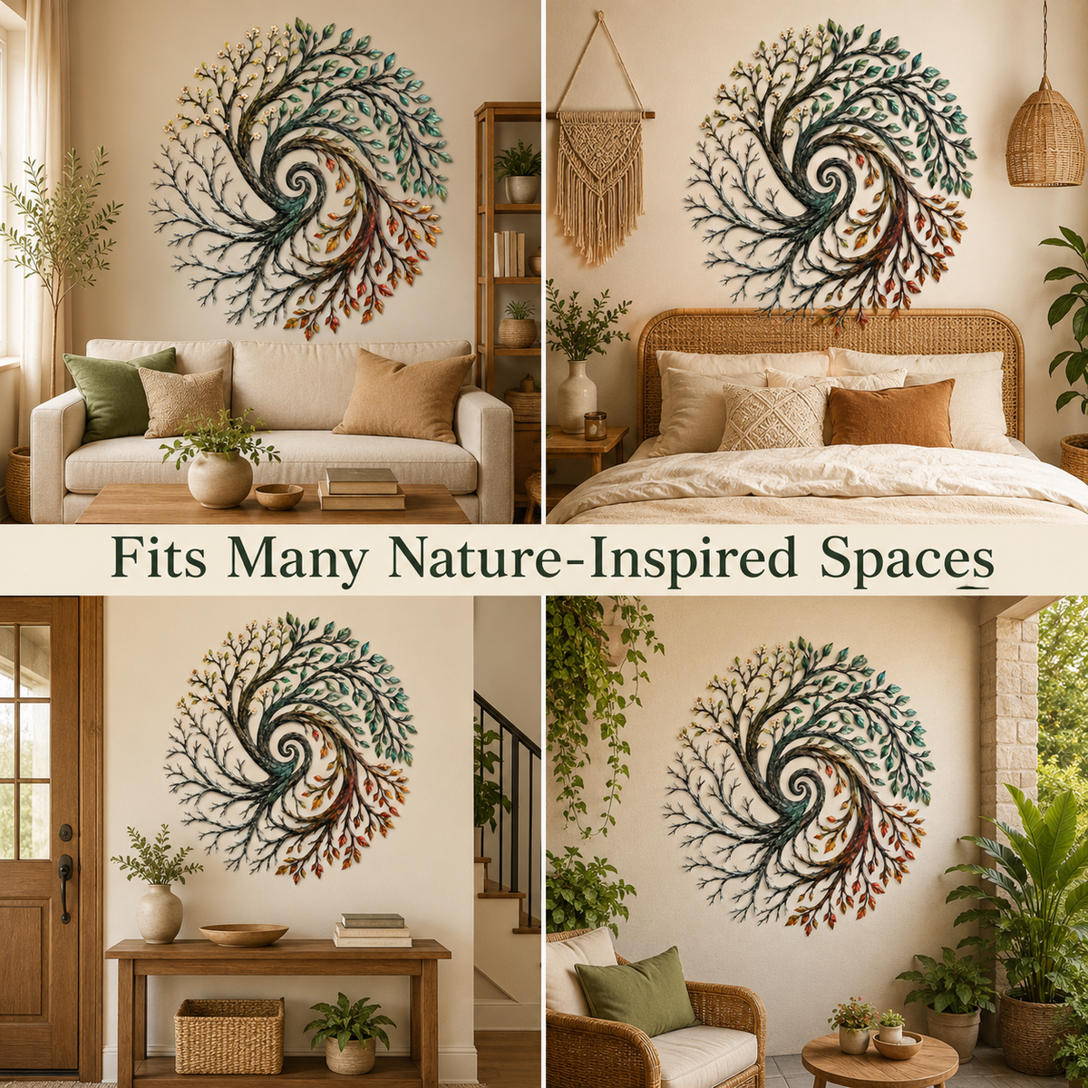 Four Seasons Tree of Life Metal Wall Art Spiral Tree Wall Decor Circular Nature Art for Living Room — Background Fit 2x2