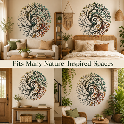 Four Seasons Tree of Life Metal Wall Art Spiral Tree Wall Decor Circular Nature Art for Living Room — Background Fit 2x2