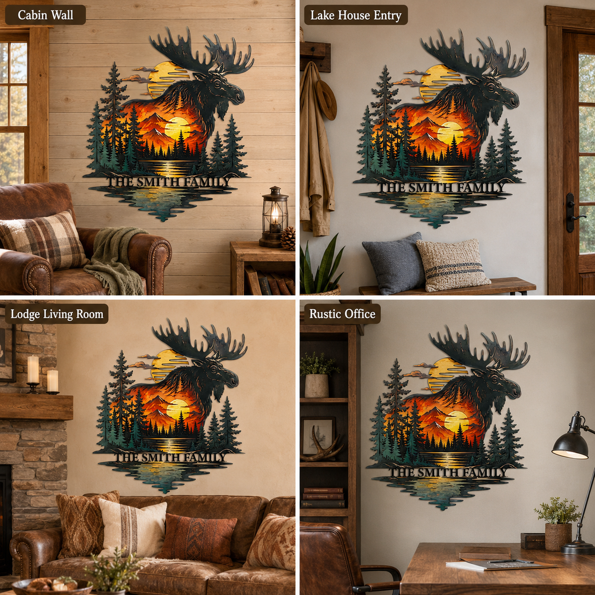 Background Fit 2x2 - Personalized Moose Metal Wall Art Custom Family Name Cabin Sign