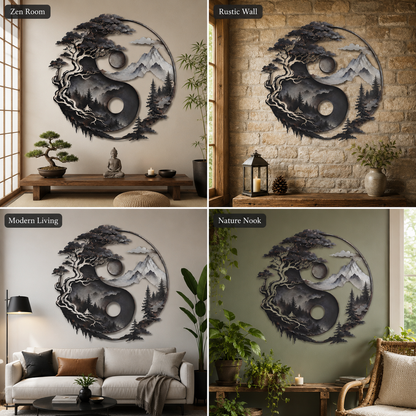 Yin Yang Metal Wall Decor, Mountain and Tree Wall Art, Zen Nature Wall Sign, Rustic Landscape Home Decor With LED — Background Fit 2x2