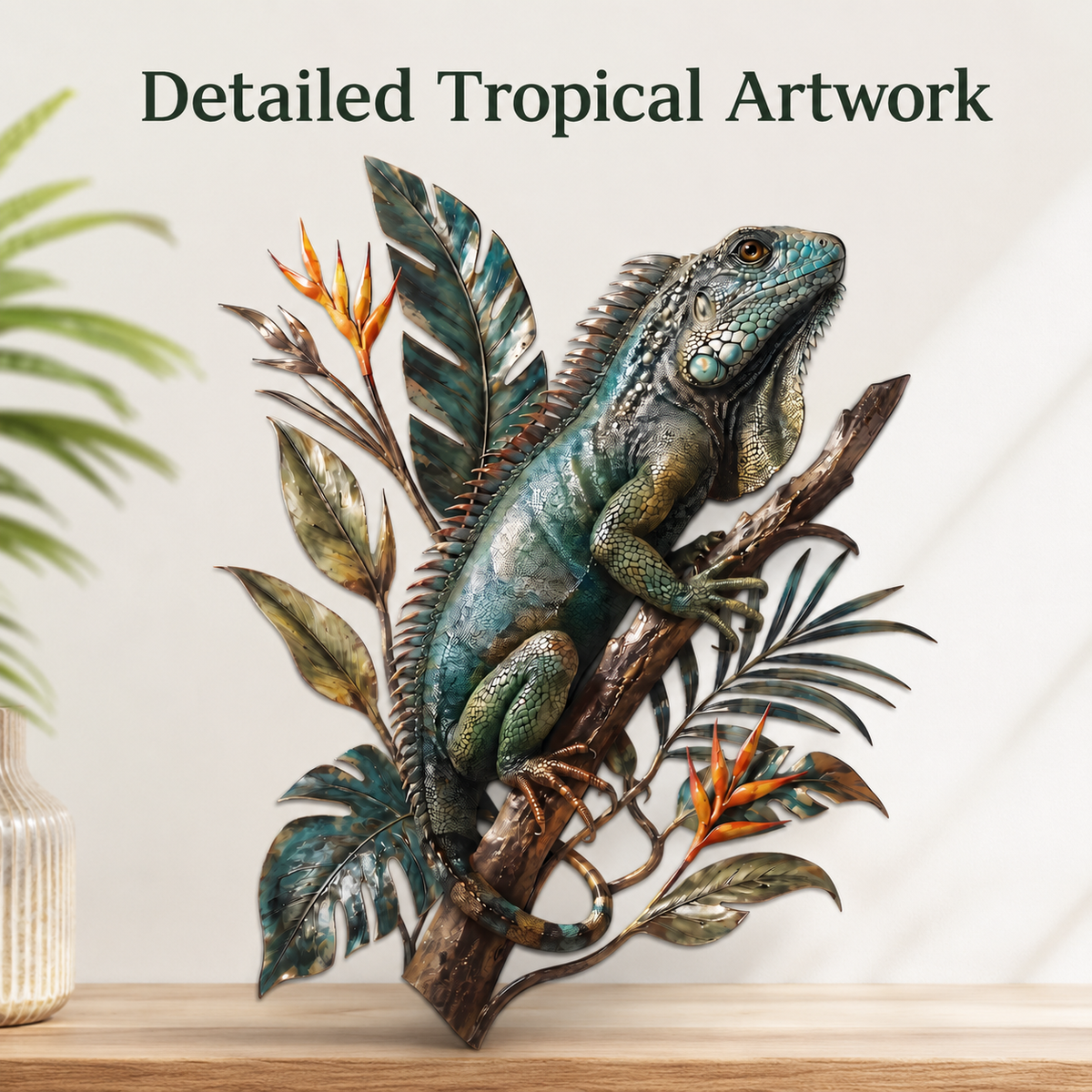 Close-Up Design Detail - Iguana Metal Wall Art Tropical Lizard Wall Decor Jungle Animal
