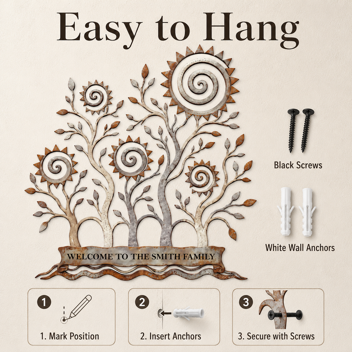 Easy to Hang - Custom Family Tree Metal Wall Art Decor Personalized Family Name