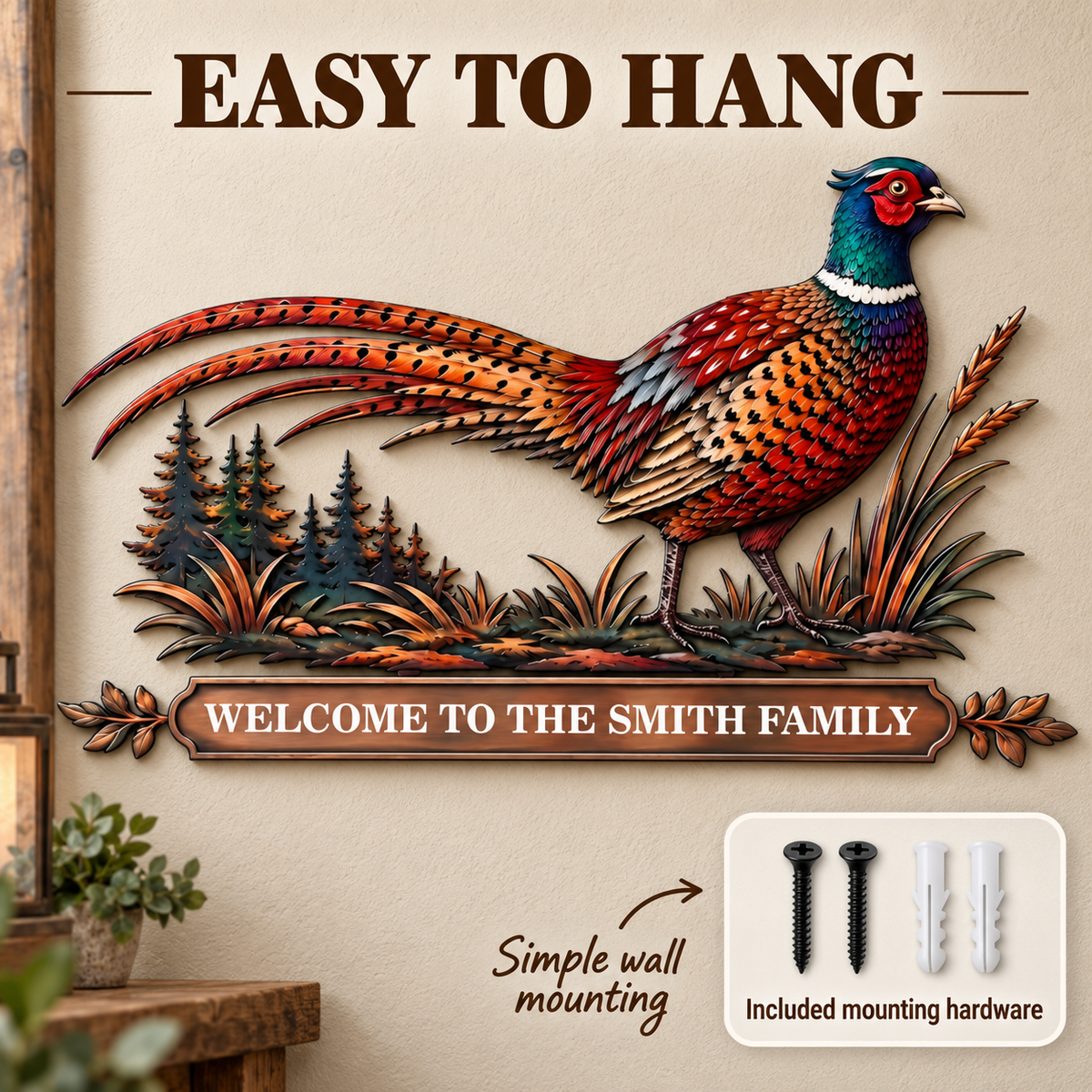 Personalized Pheasant Metal Wall Art Family Name Sign Custom Cabin Wall Decor Wildlife Lodge Decor With LED — Easy to Hang Installation
