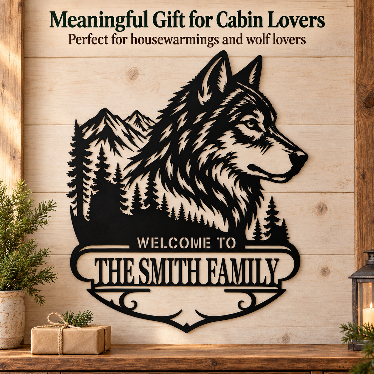 Gift Idea - Custom Wolf Metal Wall Art Personalized Cabin Sign Rustic Wildlife