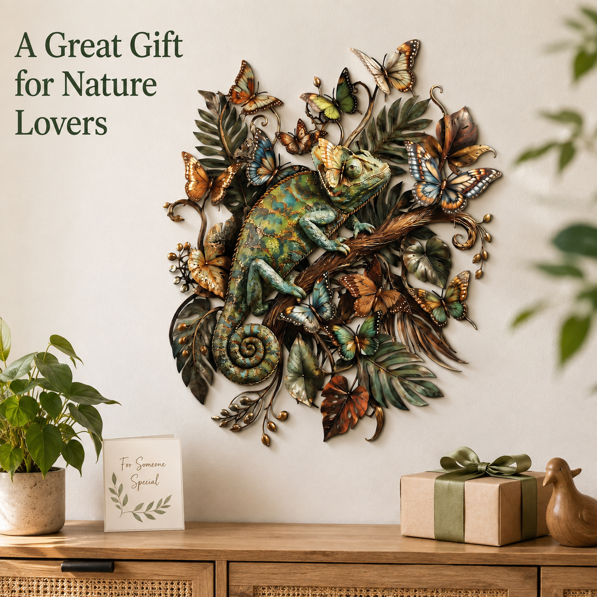 Gift Idea - Chameleon Metal Wall Art Tropical Reptile Wall Decor Colorful Jungle