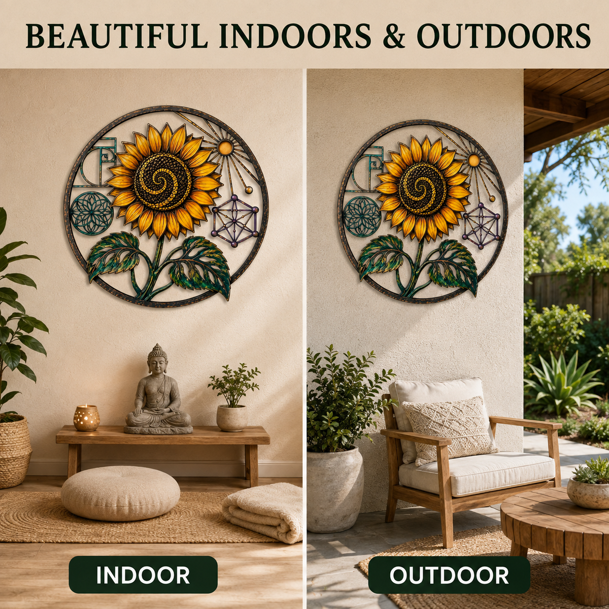 Indoor & Outdoor — Sunflower Sacred Geometry Metal Wall Art Spiritual Wall Art Fibonacci