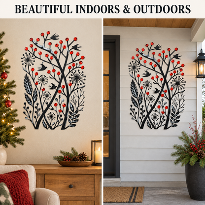 Christmas Wall Art Winter Bird Metal Wall Decor Botanical Nature Art Woodland Christmas Decor Flat Printed Metal Art With LED — Indoor & Outdoor