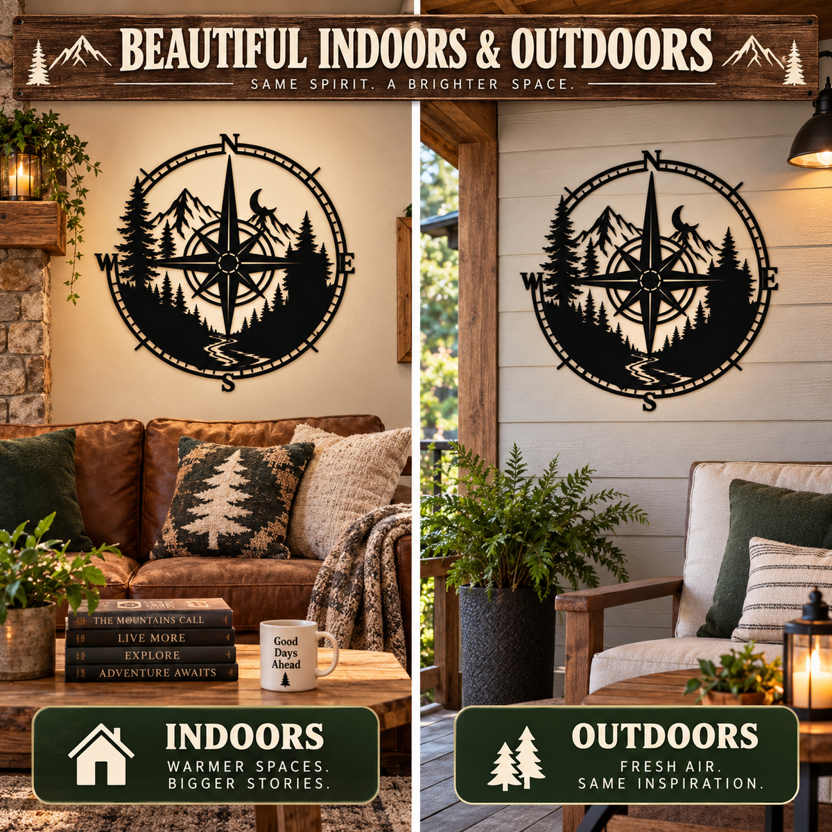 Metal Compass Wall Art Mountain Wall Art Adventure Decor Cabin Wall Art Travel Gift Nature Lover Gift With LED — Indoor & Outdoor