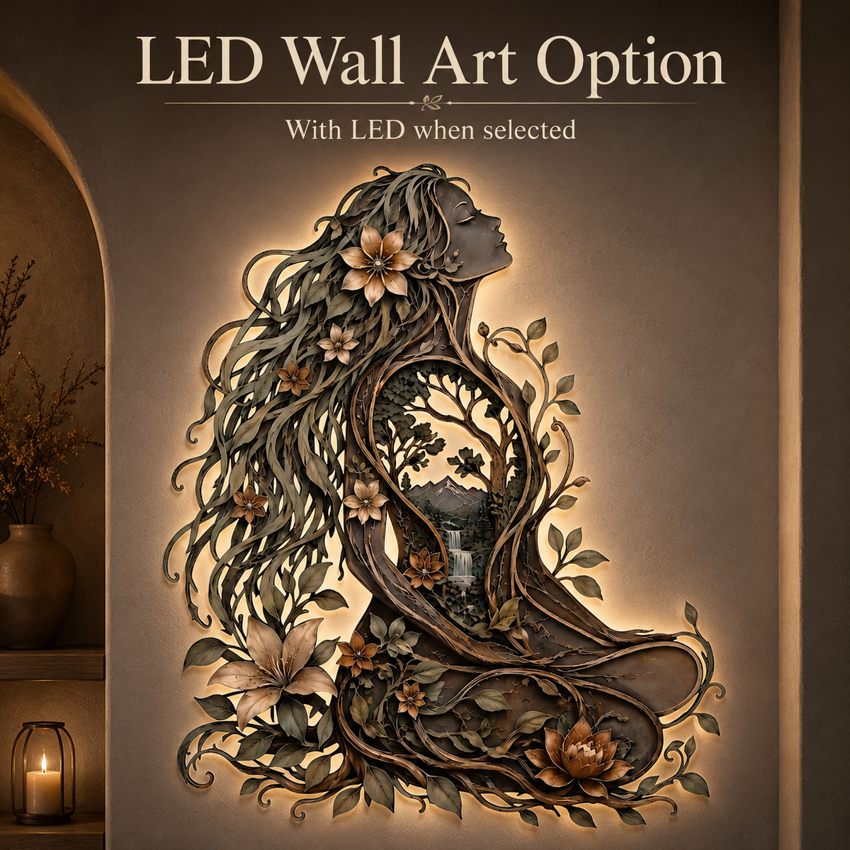 LED Hero Main Image - Meditation Room Metal Wall Art Woman Tree of Life Yoga