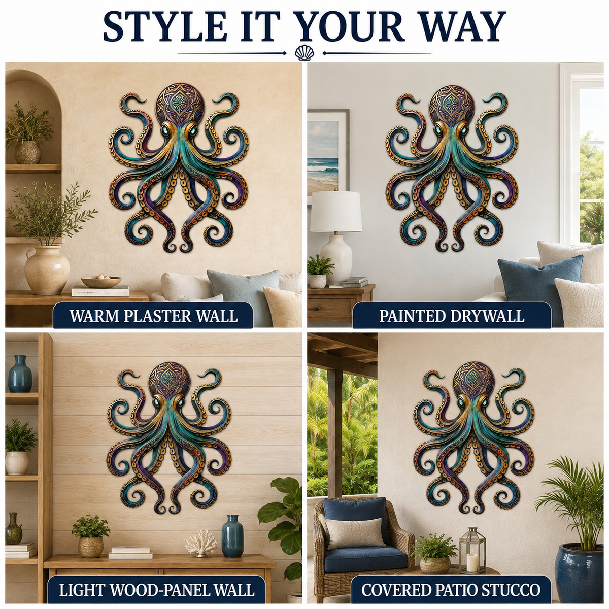 Four Display Surfaces — Octopus Metal Wall Art Octopus Wall Decor Coastal Wall Art