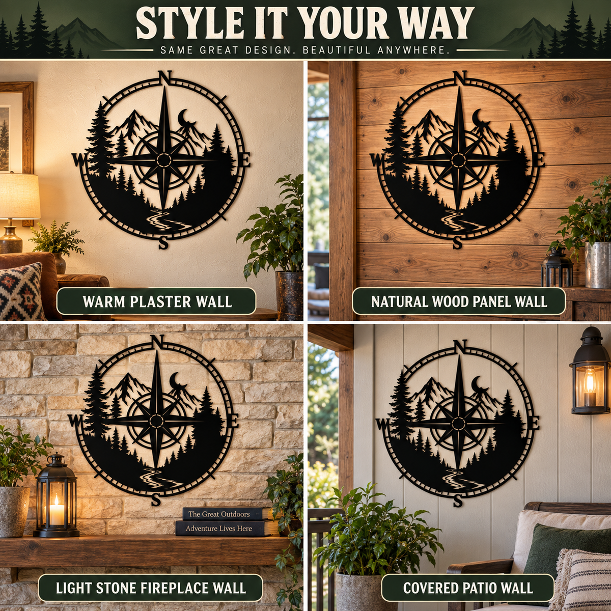 Metal Compass Wall Art Mountain Wall Art Adventure Decor Cabin Wall Art Travel Gift Nature Lover Gift With LED — Four Display Surfaces