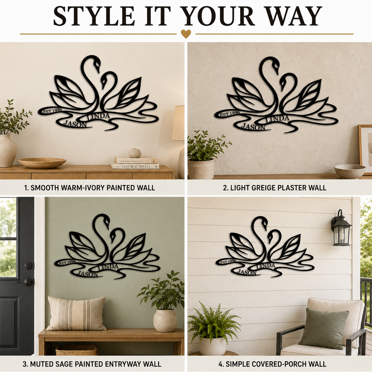 Four Display Surfaces - Custom Swan Couple Name Metal Wall Art Personalized Anniversary Gift