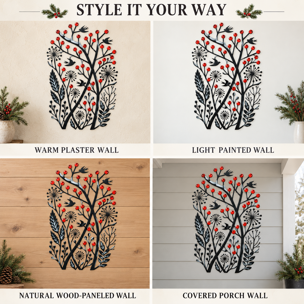Christmas Wall Art Winter Bird Metal Wall Decor Botanical Nature Art Woodland Christmas Decor Flat Printed Metal Art With LED — Four Display Surfaces