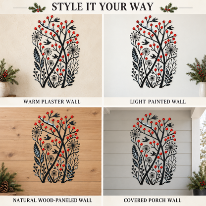 Christmas Wall Art Winter Bird Metal Wall Decor Botanical Nature Art Woodland Christmas Decor Flat Printed Metal Art With LED — Four Display Surfaces