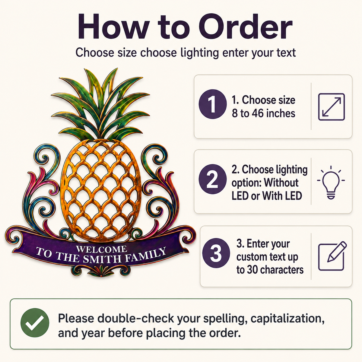 How to Order - Custom Pineapple Welcome Metal Sign Personalized Family Name Sign Entryway