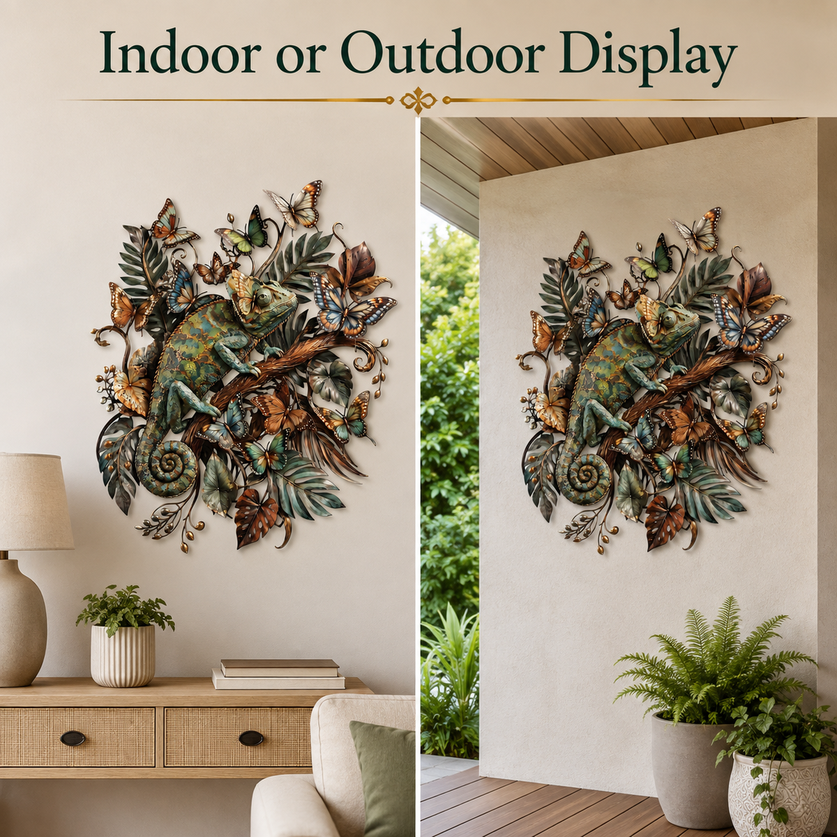 Indoor Outdoor Use - Chameleon Metal Wall Art Tropical Reptile Wall Decor Colorful Jungle