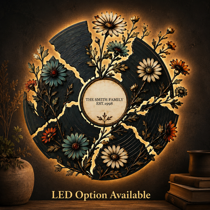 LED Hero Main Image - Personalized Floral Record Metal Wall Art Custom Vinyl Record Decor