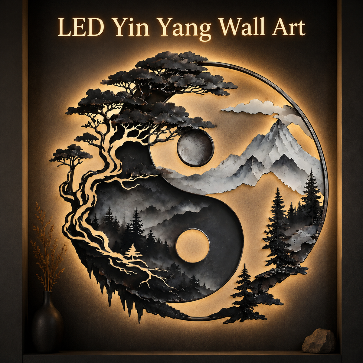 Yin Yang Metal Wall Decor, Mountain and Tree Wall Art, Zen Nature Wall Sign, Rustic Landscape Home Decor With LED — LED Hero Main Image