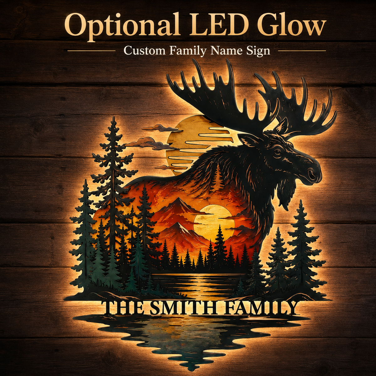 LED Hero Main Image - Personalized Moose Metal Wall Art Custom Family Name Cabin Sign