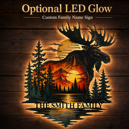 LED Hero Main Image - Personalized Moose Metal Wall Art Custom Family Name Cabin Sign