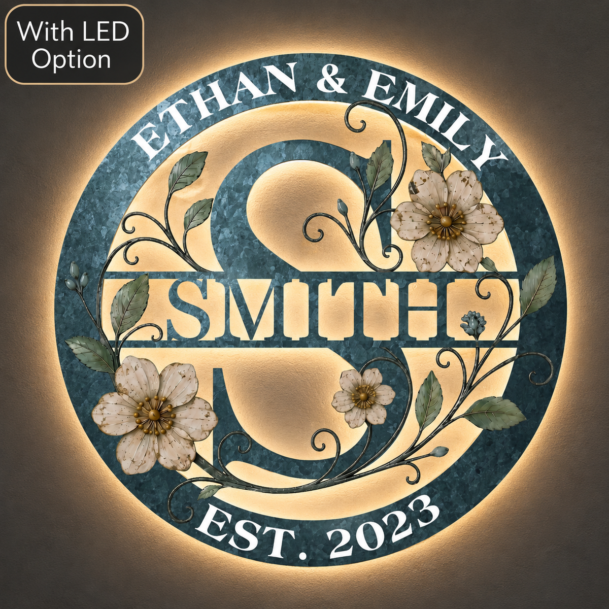 LED Hero Main Image - Personalized Family Name Sign Custom Monogram Metal Wall Art Wedding