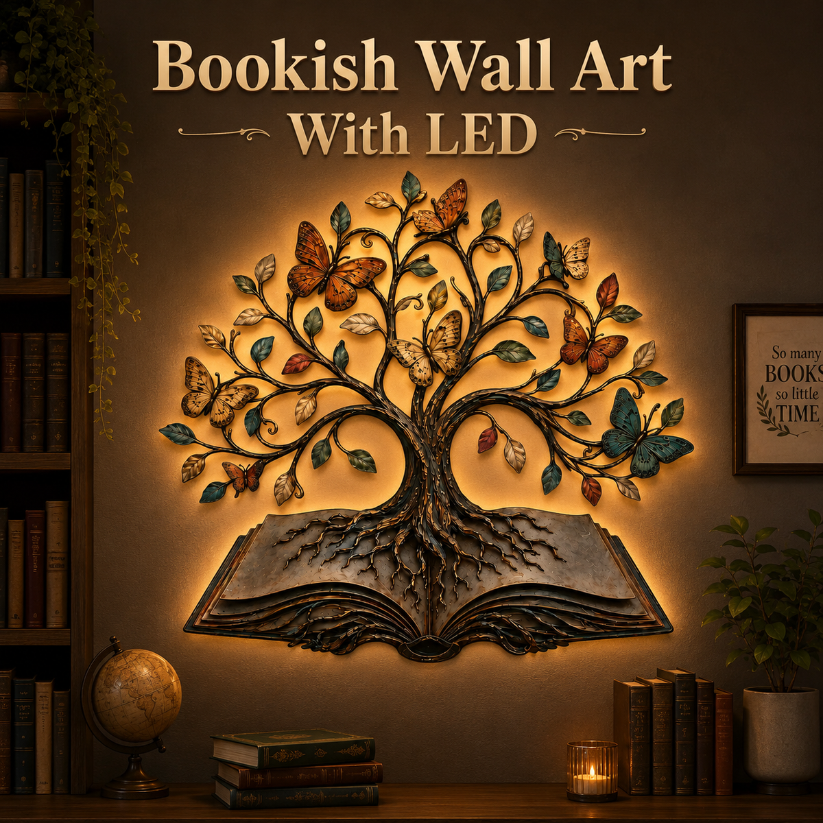 LED Hero Main Image - Tree of Knowledge Metal Wall Art Open Book Butterfly Tree