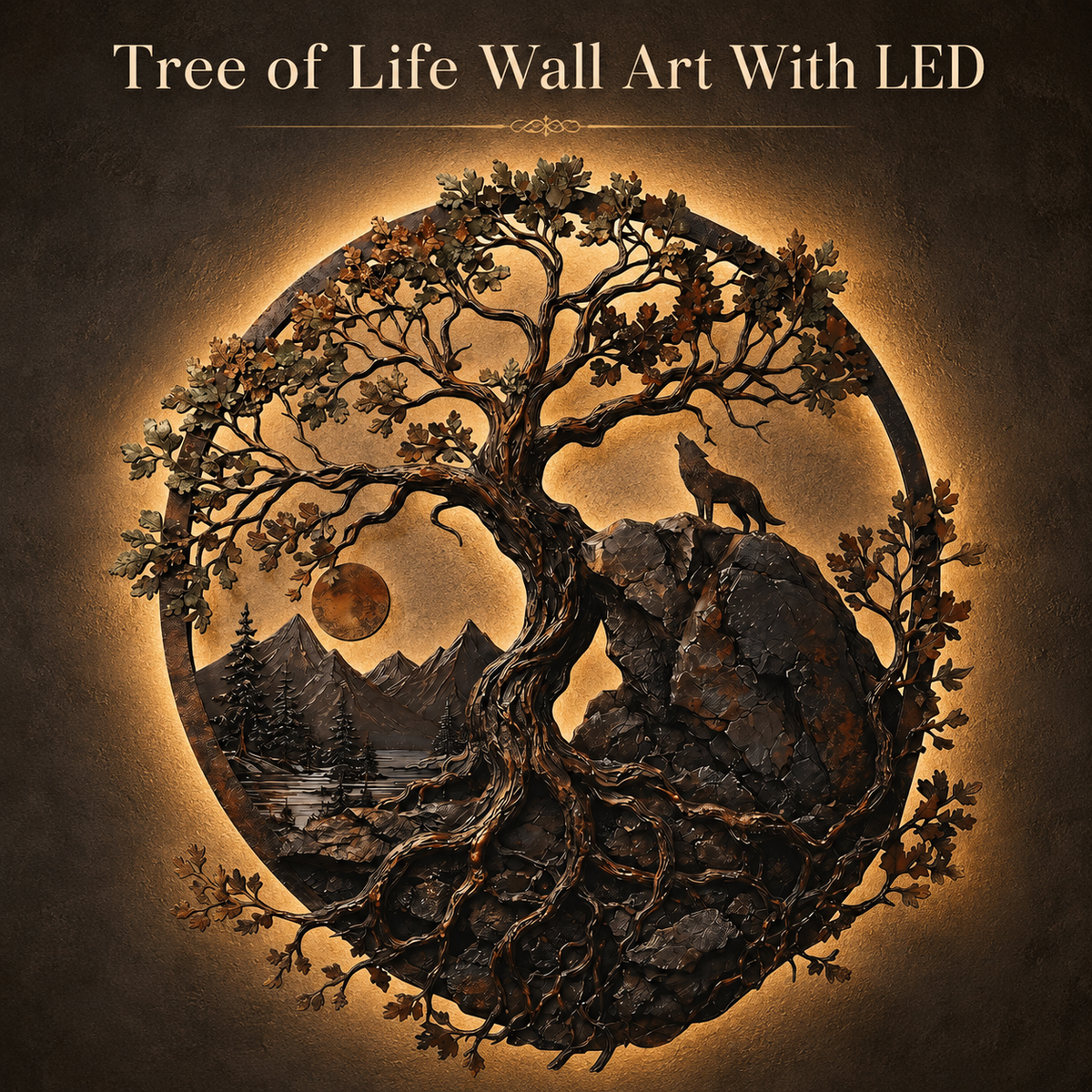 LED Hero Main Image - Ancient Oak Tree Metal Wall Art Wolf Mountain Wilderness Decor