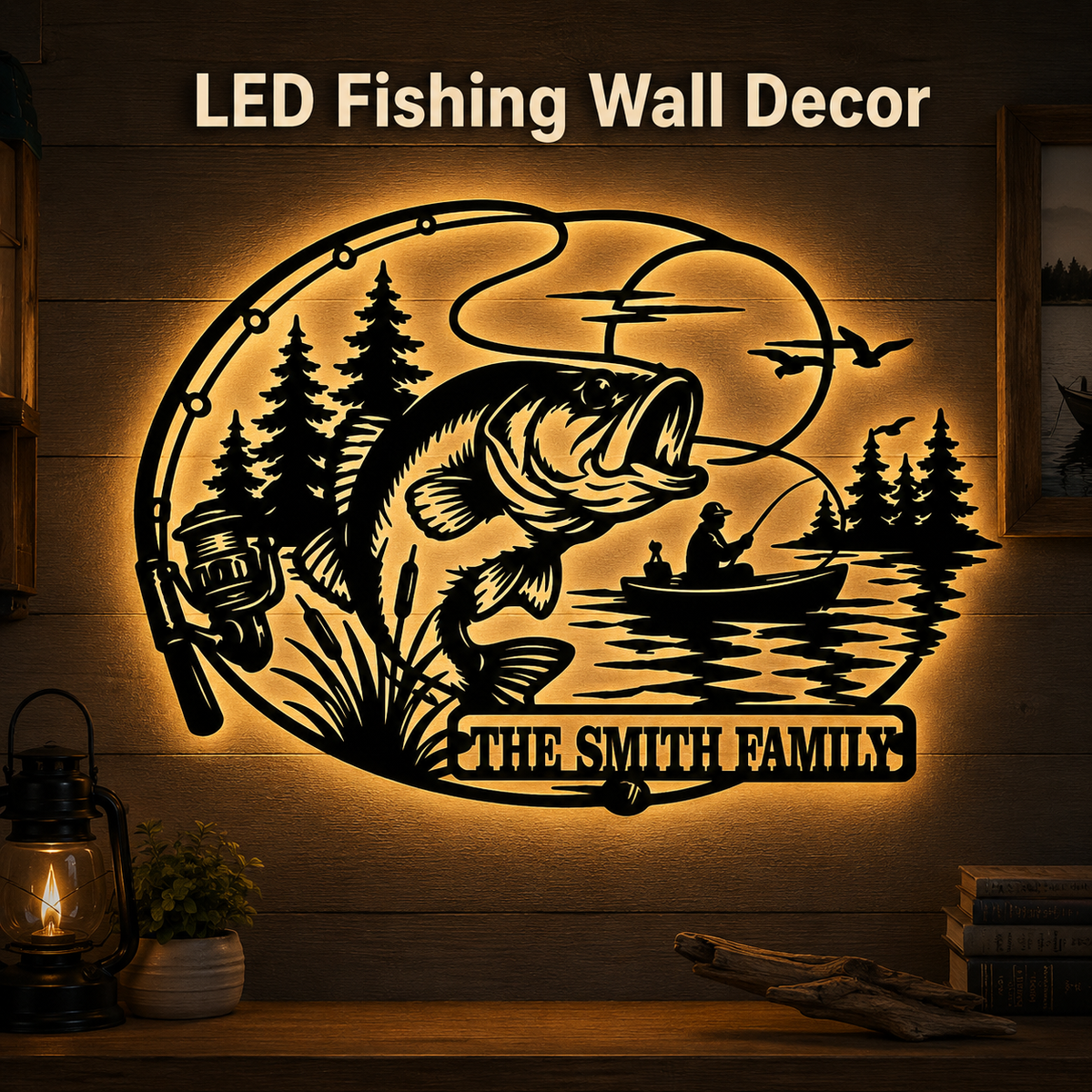 LED Hero Main Image - Personalized Fishing Metal Sign Custom Family Name Bass Fishing Wall