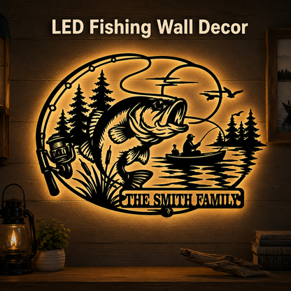 LED Hero Main Image - Personalized Fishing Metal Sign Custom Family Name Bass Fishing Wall