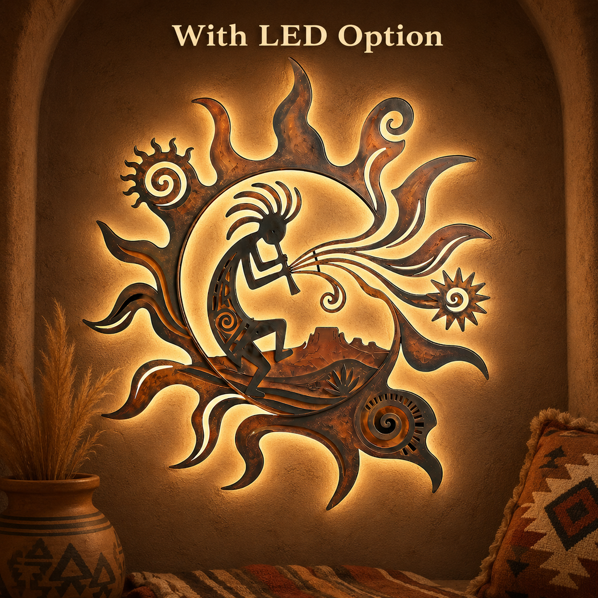 LED Hero Main Image - Kokopelli Metal Wall Art Southwestern Wall Decor Desert Sun Rustic