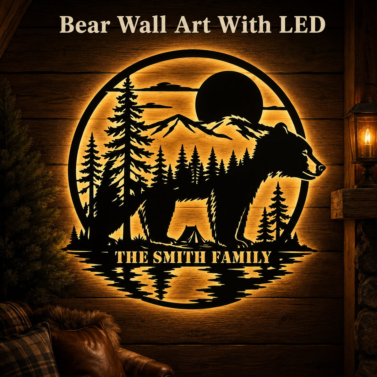 LED Hero Main Image - Personalized Bear Metal Sign Custom Family Name Cabin Wall Decor