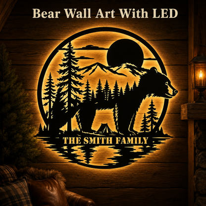 LED Hero Main Image - Personalized Bear Metal Sign Custom Family Name Cabin Wall Decor