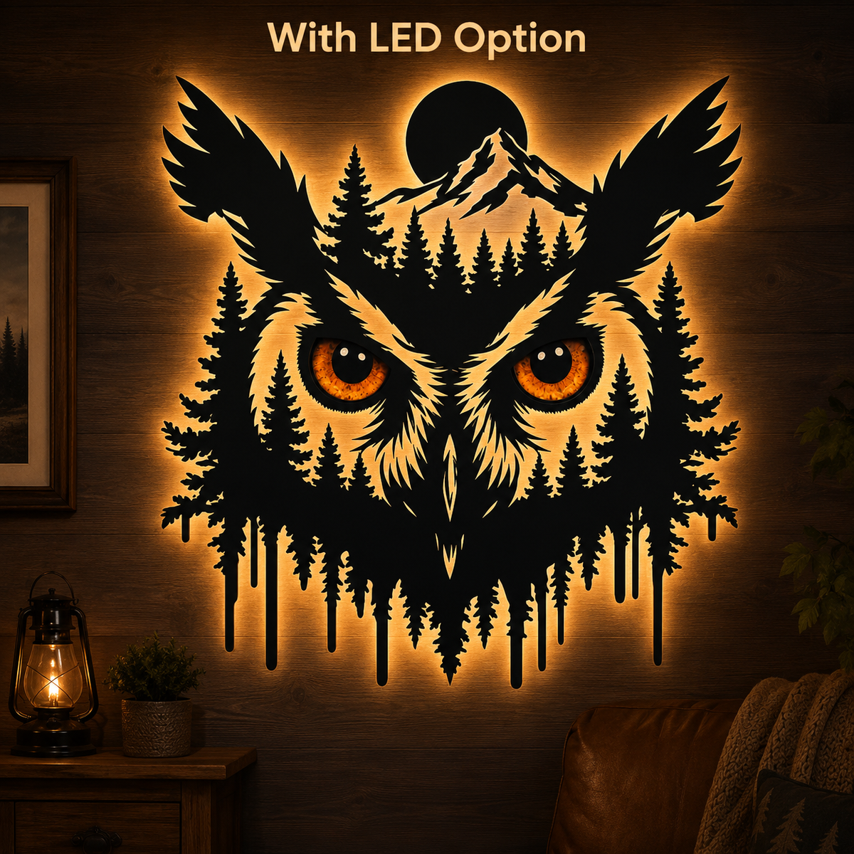 LED Hero Main Image - Owl Metal Wall Art Glowing Owl Eyes Wildlife Art Woodland