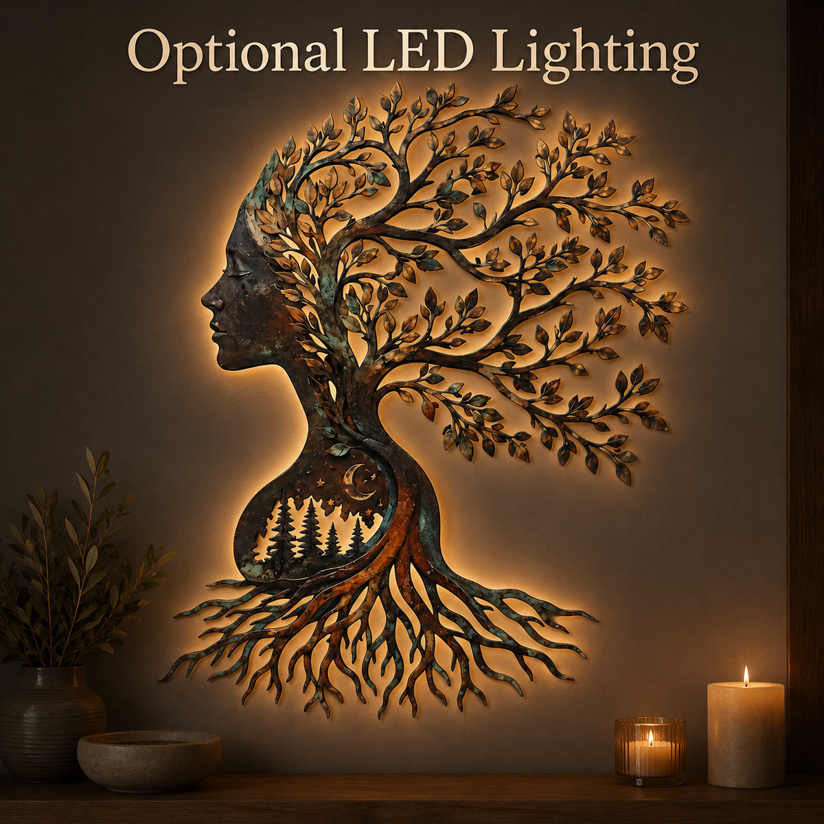LED Hero Main Image - Woman Tree of Life Metal Wall Art Mother Nature Goddess