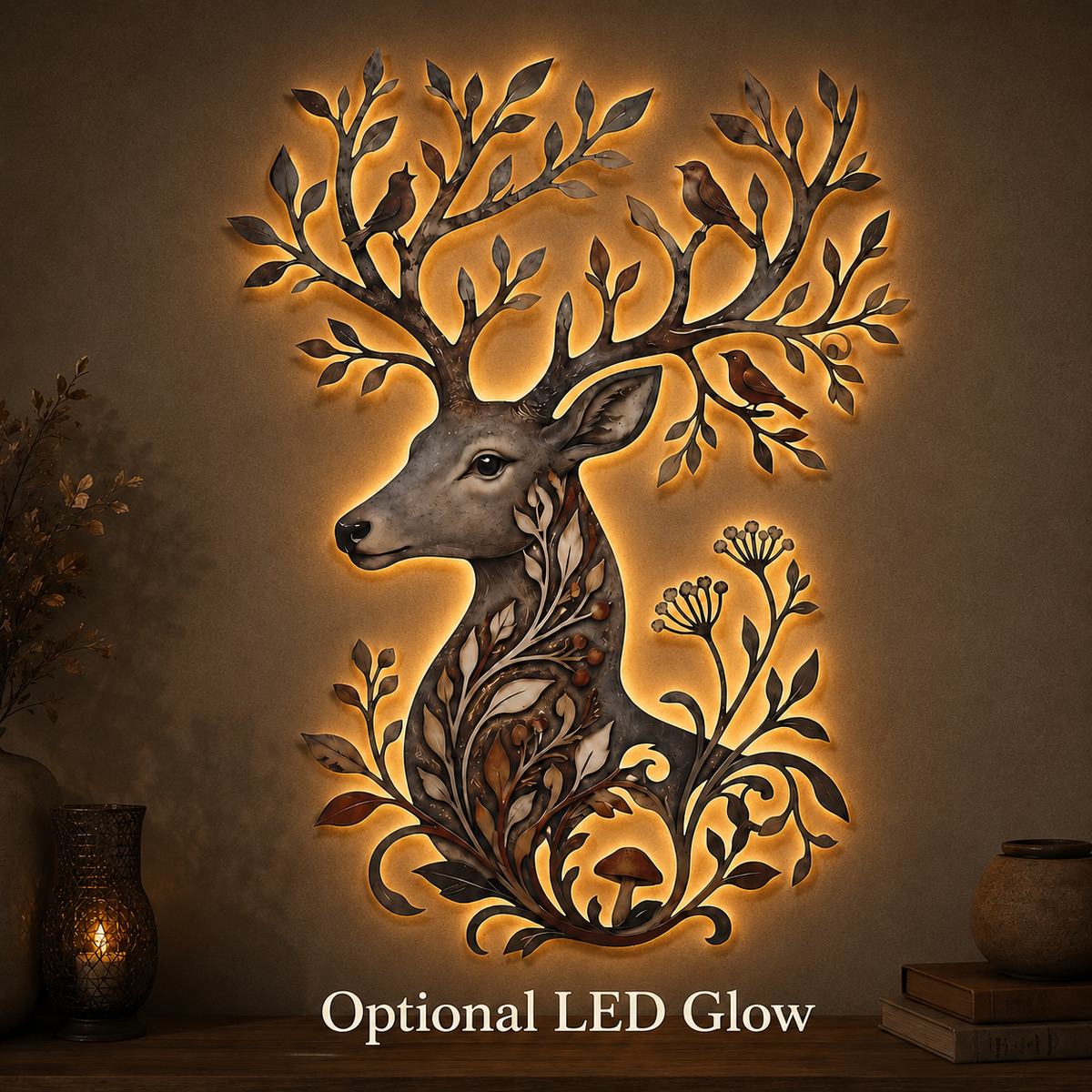 LED Hero Main Image - Botanical Deer Metal Wall Art Woodland Wildlife Decor Deer Antler