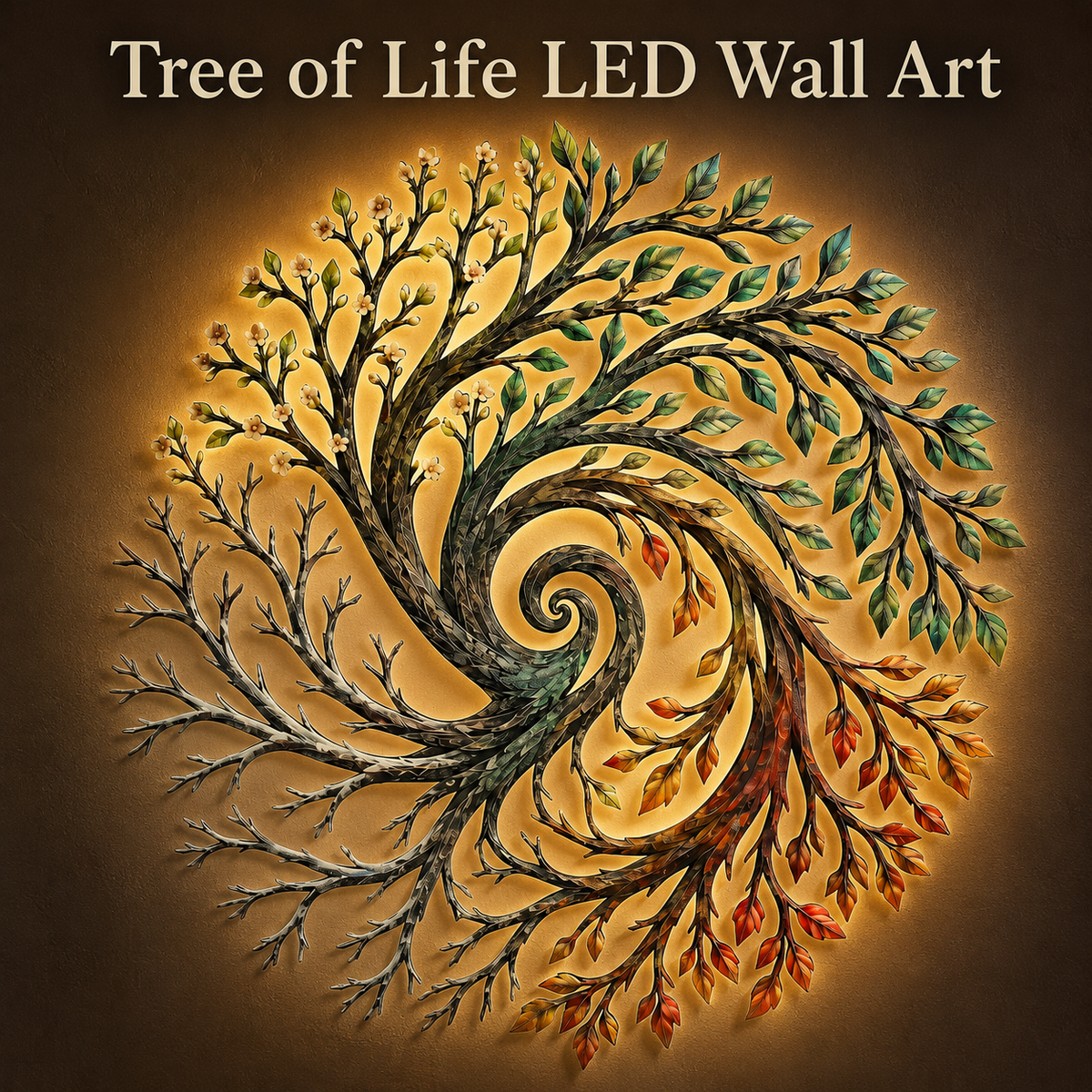 Four Seasons Tree of Life Metal Wall Art Spiral Tree Wall Decor Circular Nature Art for Living Room — LED Hero Main Image